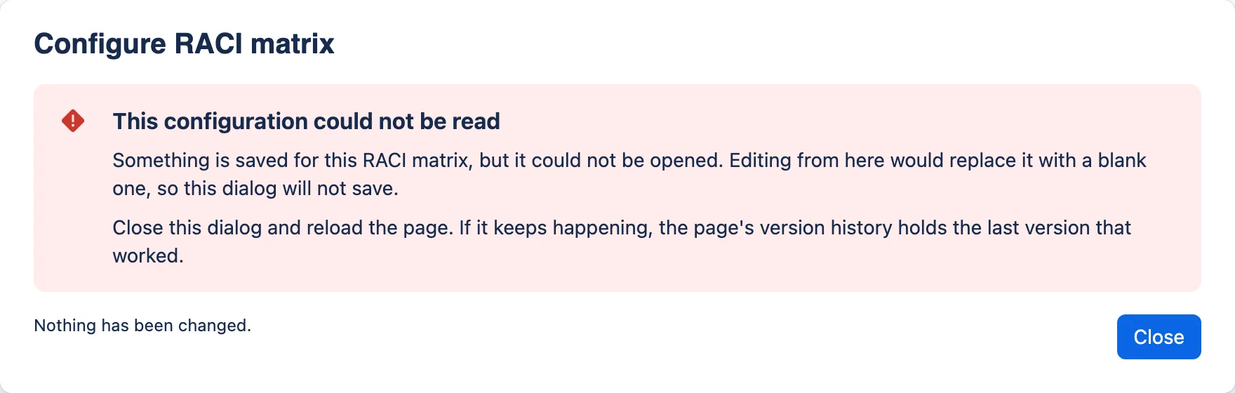 The configuration dialog showing a red error, “This configuration could not be read”, with only a Close button.