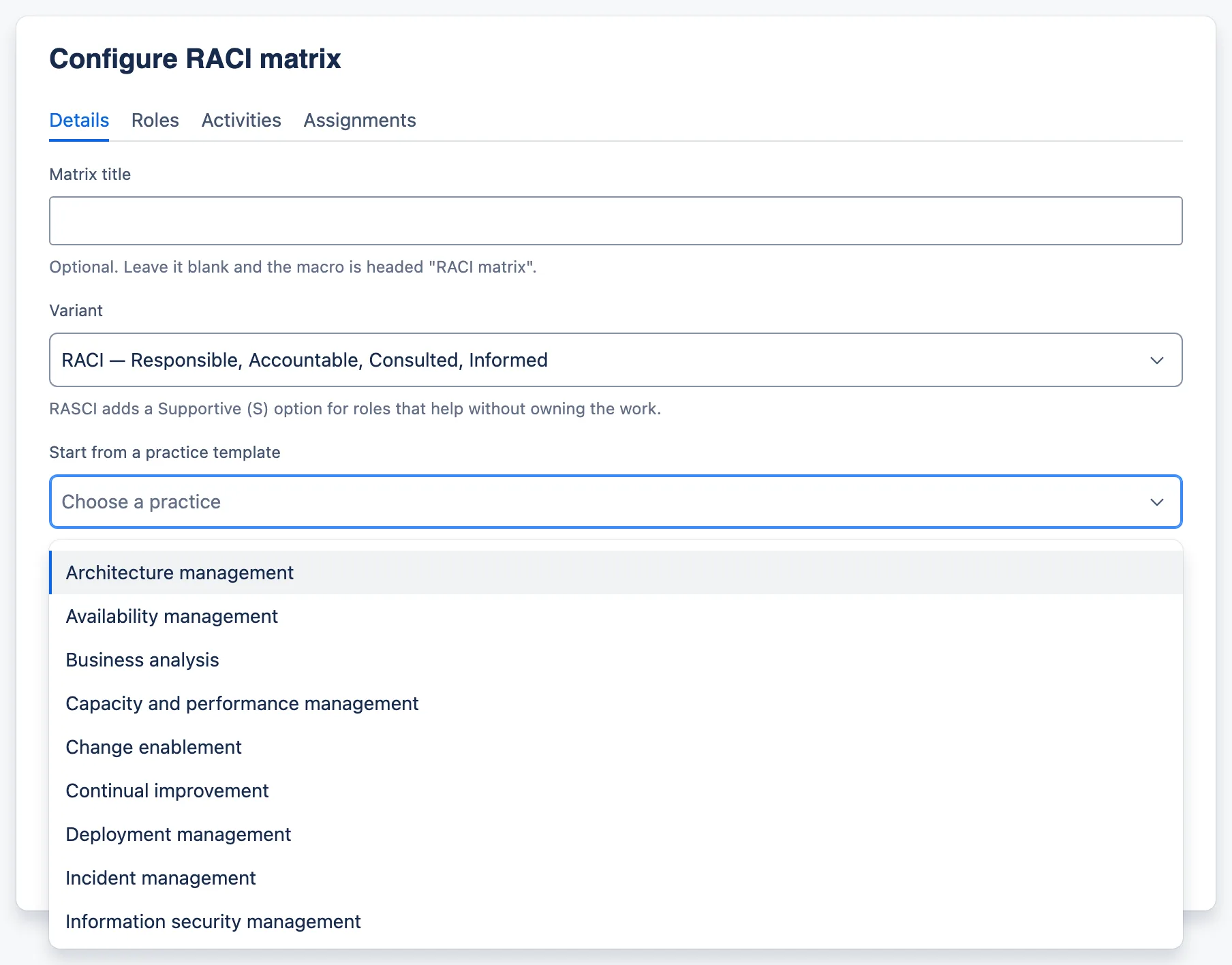A new RACI matrix with the practice template picker open on its alphabetical list.