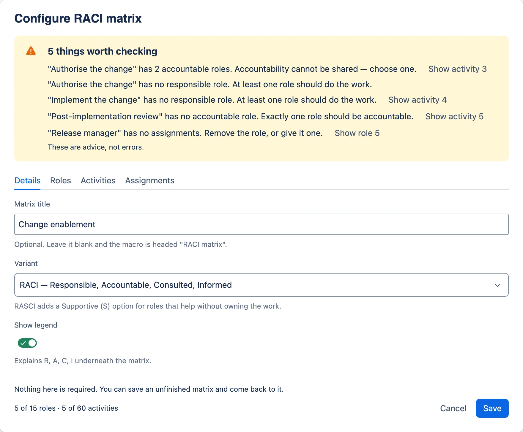 The RACI configuration dialog with a yellow banner headed “5 things worth checking”, each row it names carrying a button.