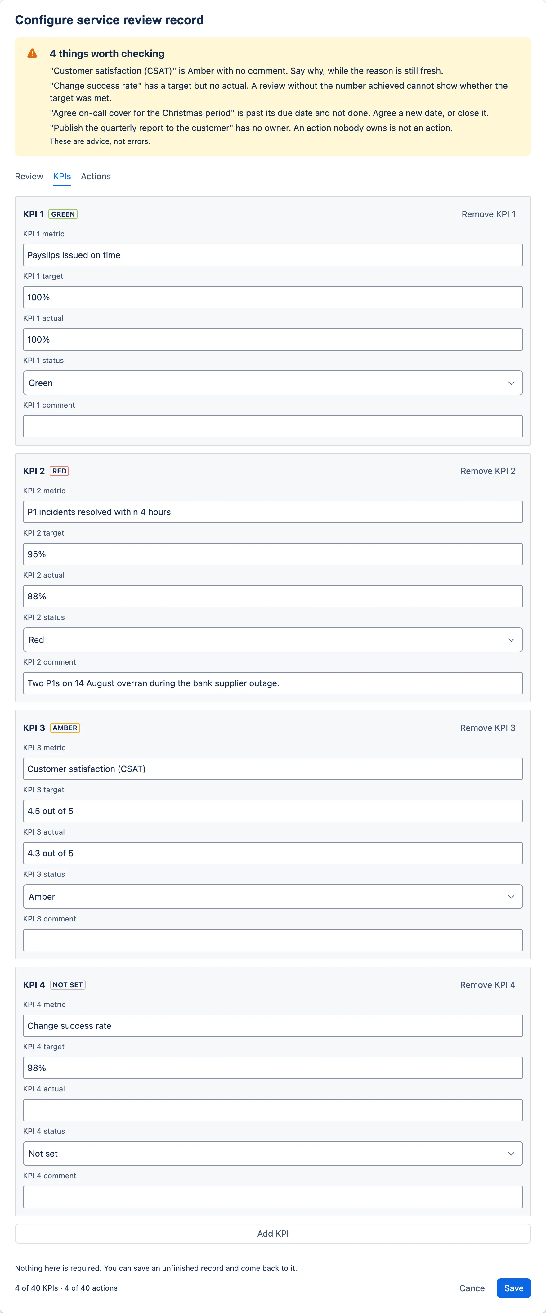 The KPIs tab, showing four KPI boxes each with a status label beside its heading.
