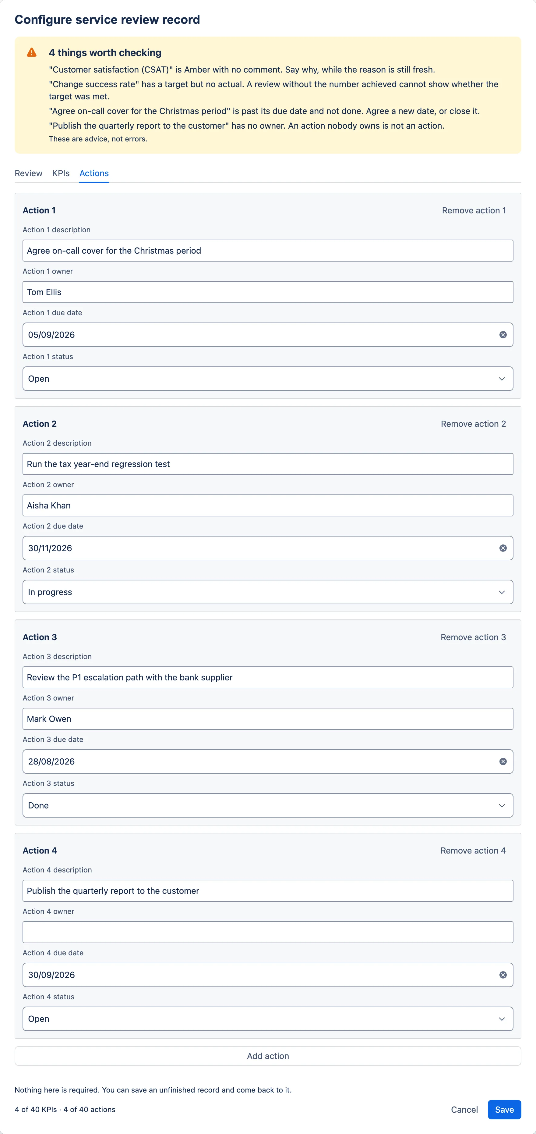 The Actions tab, showing four improvement actions with owner, due date and status.