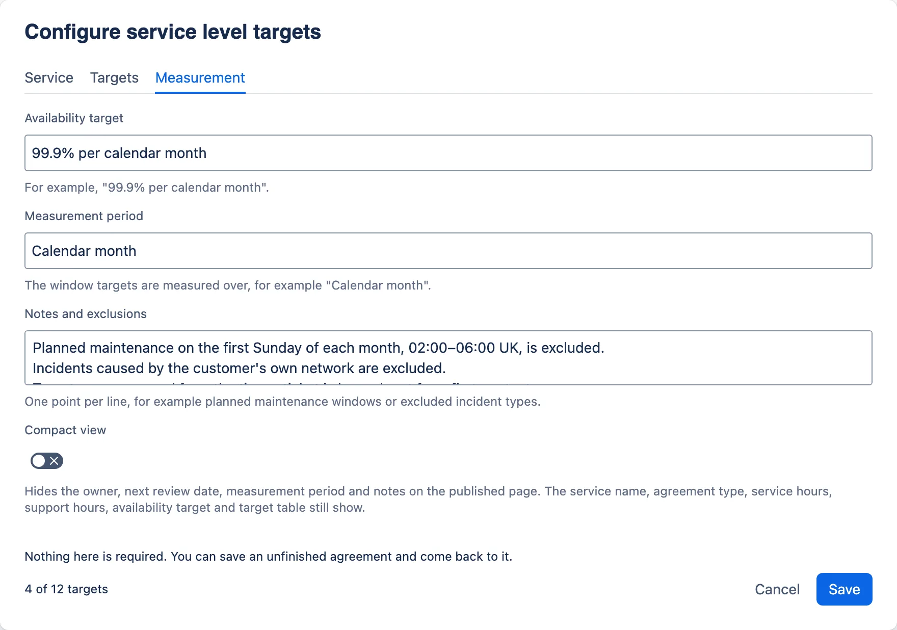 Measurement tab: availability, period, exclusions and the compact view toggle.