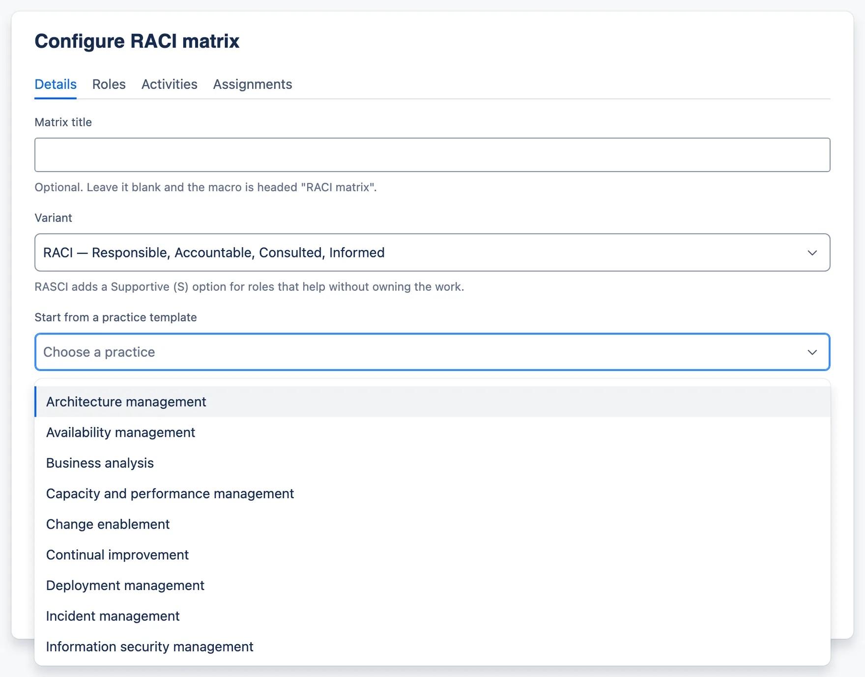 A new RACI matrix with the practice template picker open on its alphabetical list.