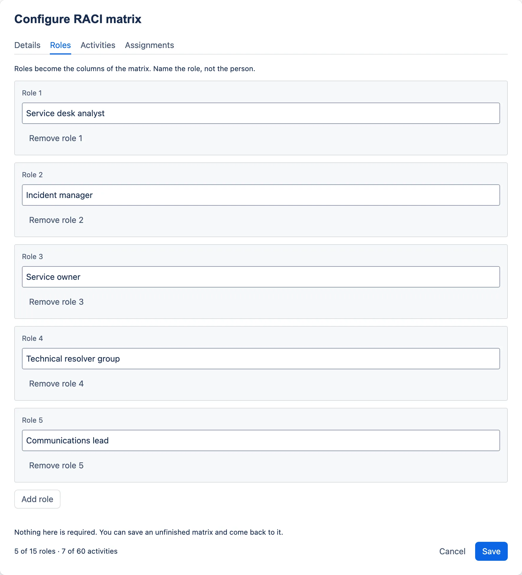 The Roles tab, listing five roles each in its own box with a Remove role button.