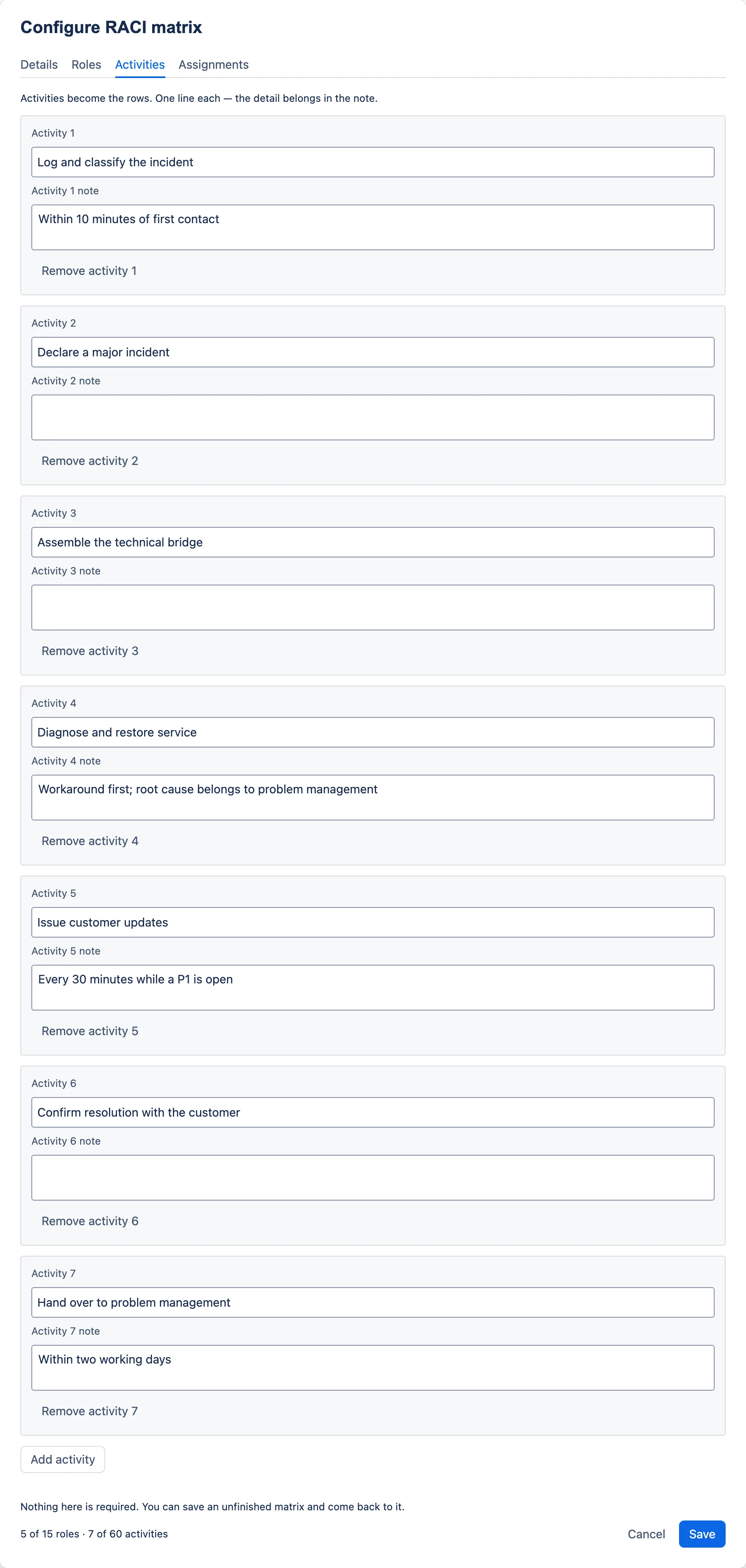 The Activities tab, listing seven activities each with a name field and a Note field.