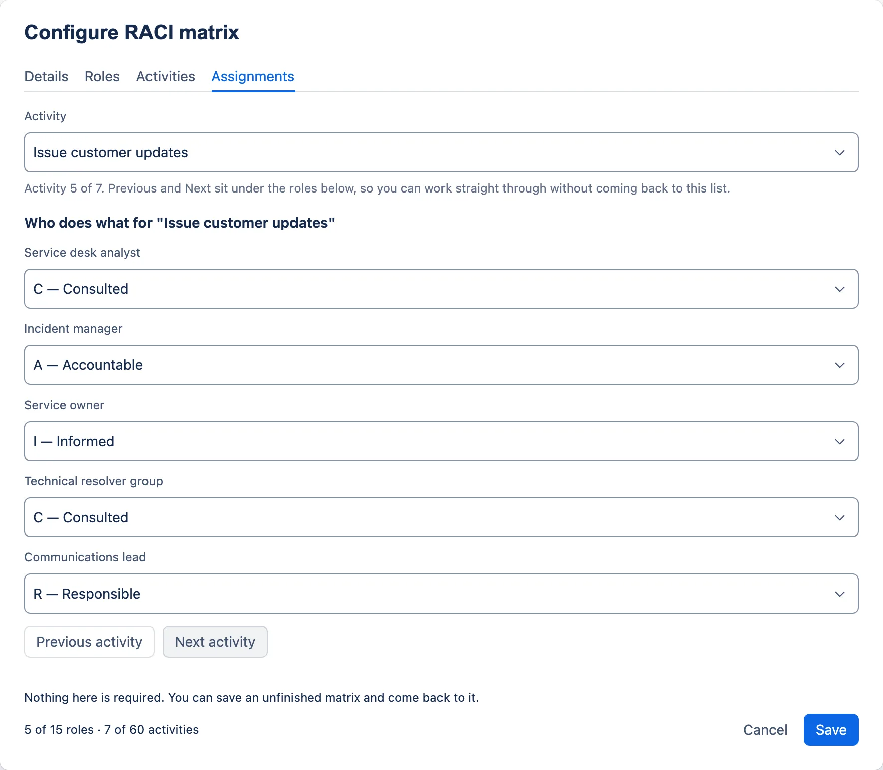 One activity’s row of role choices, with Previous and Next activity beneath.