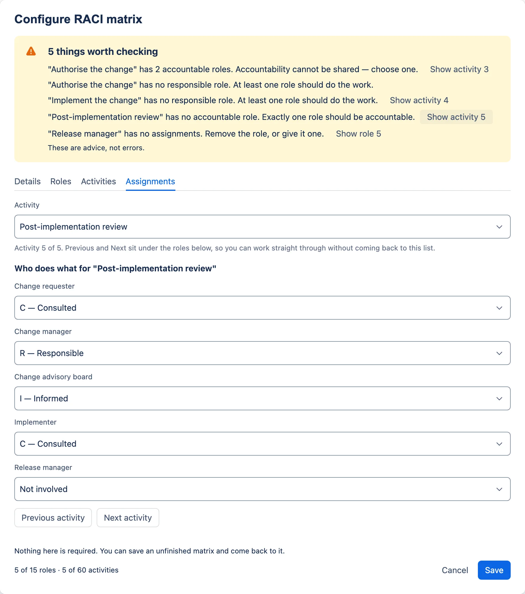 The Assignments tab, opened on the activity a warning named.