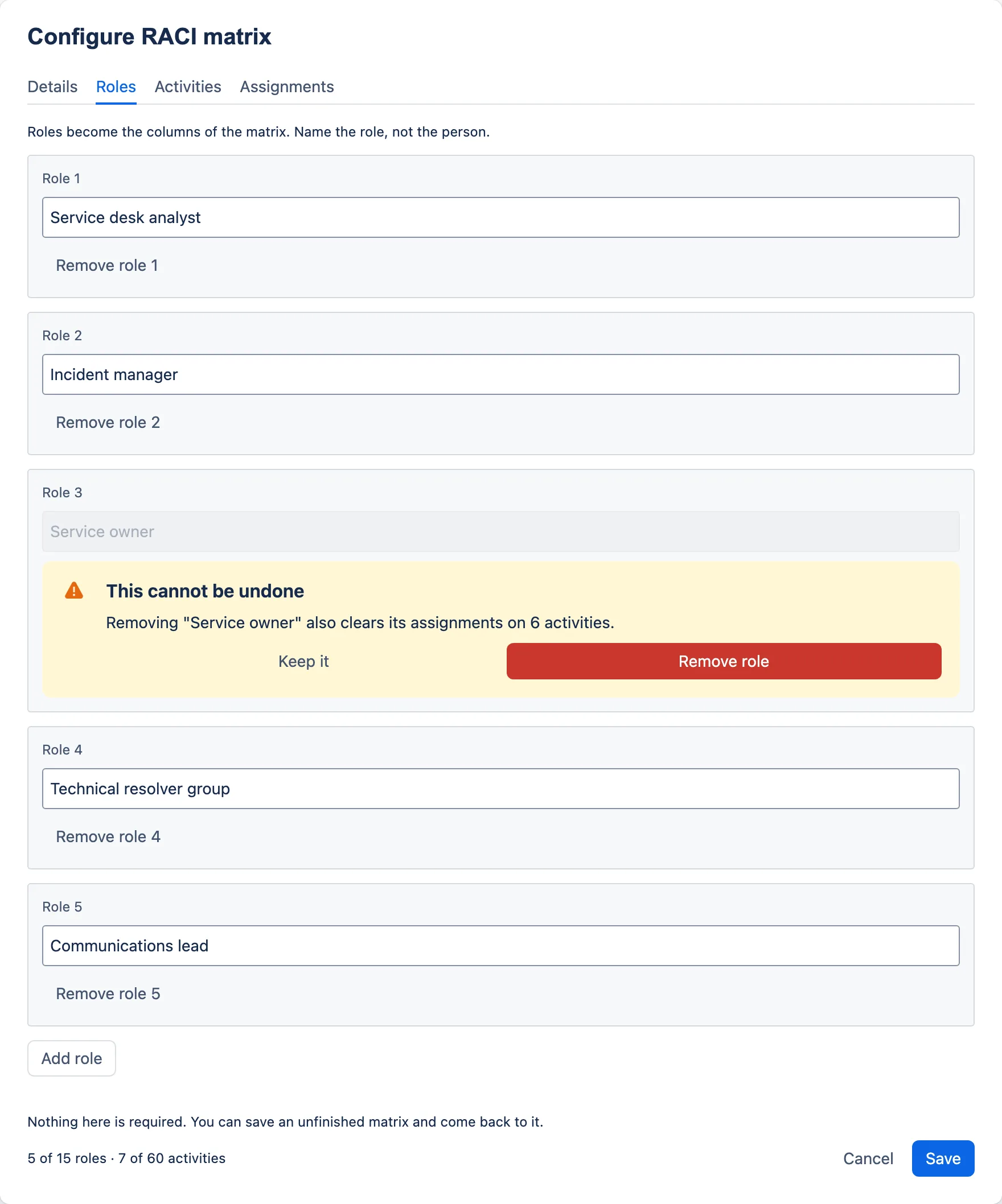 The Roles tab with an inline confirmation inside one row, offering Keep it or a red Remove role.