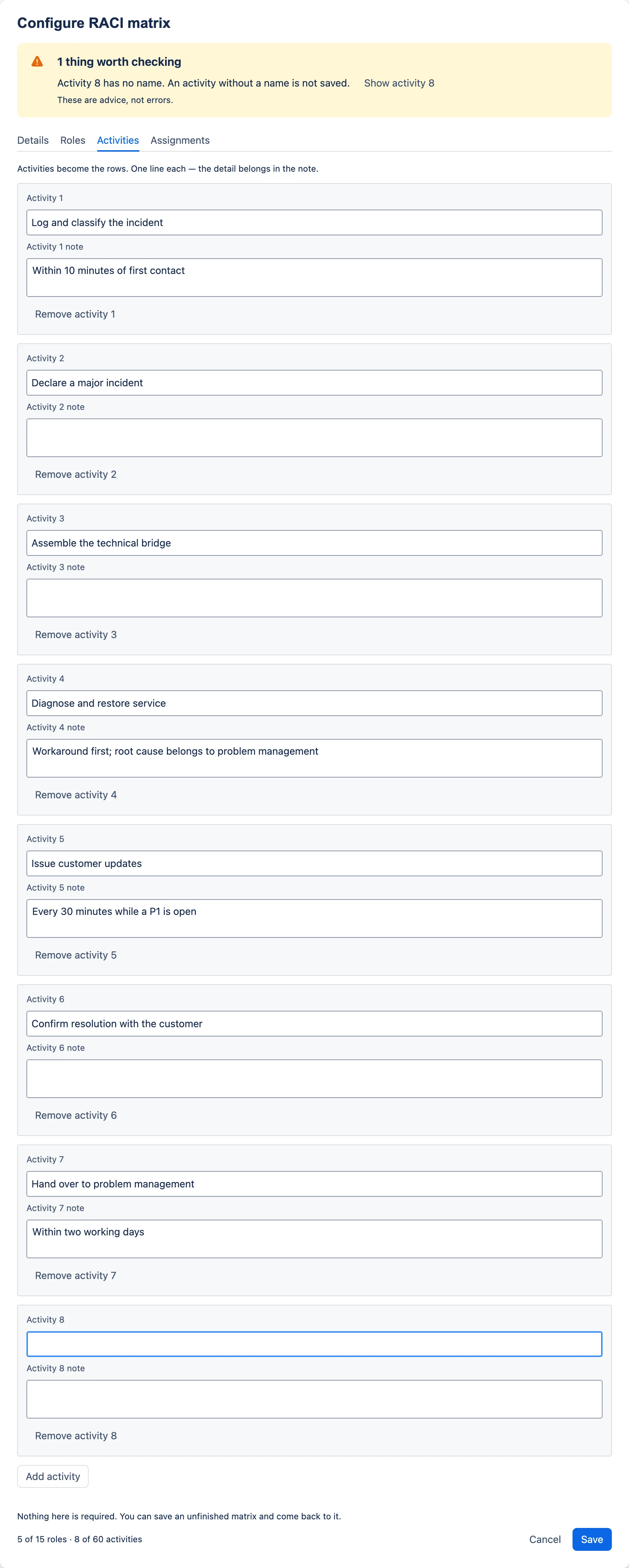 A newly added activity with no name, and a banner warning it will not be saved.