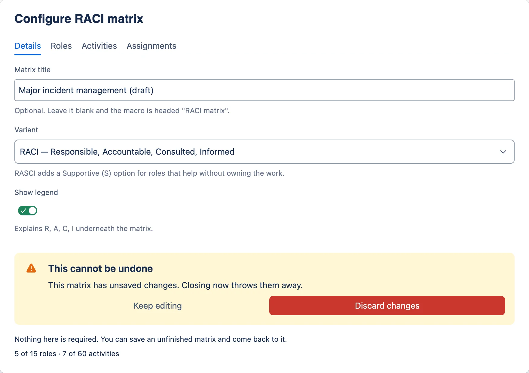 A prompt warning that closing now throws away unsaved changes.