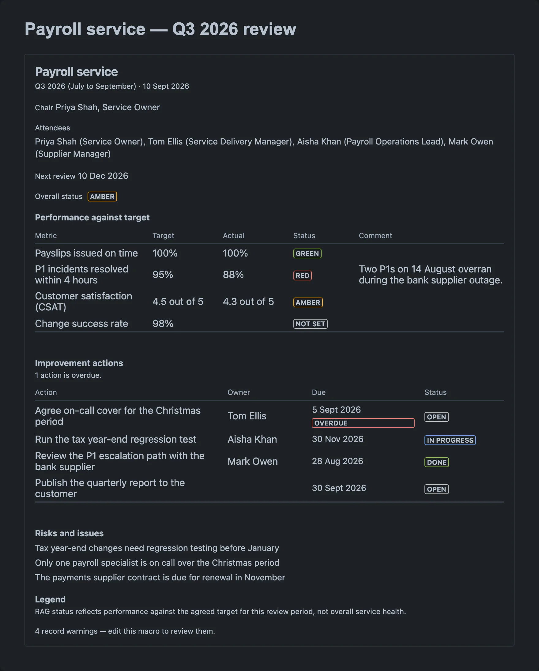 The Payroll service review record in dark theme, its status labels keeping both their colours and their words.