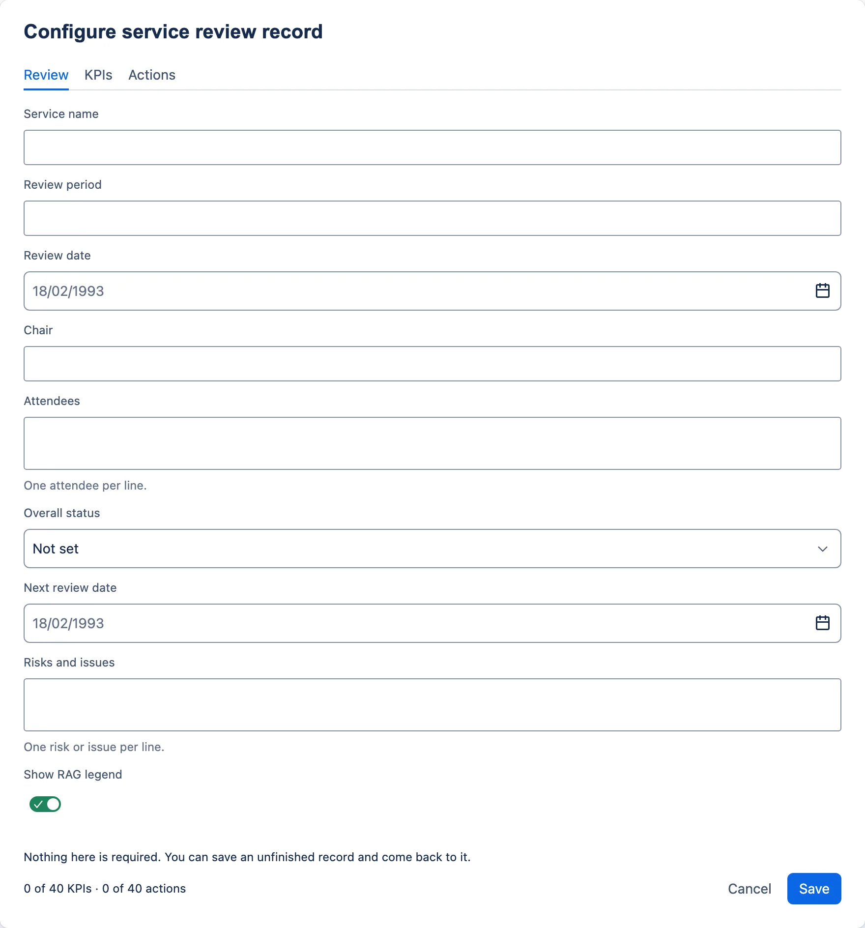 A new service review record, every field empty and status Not set.