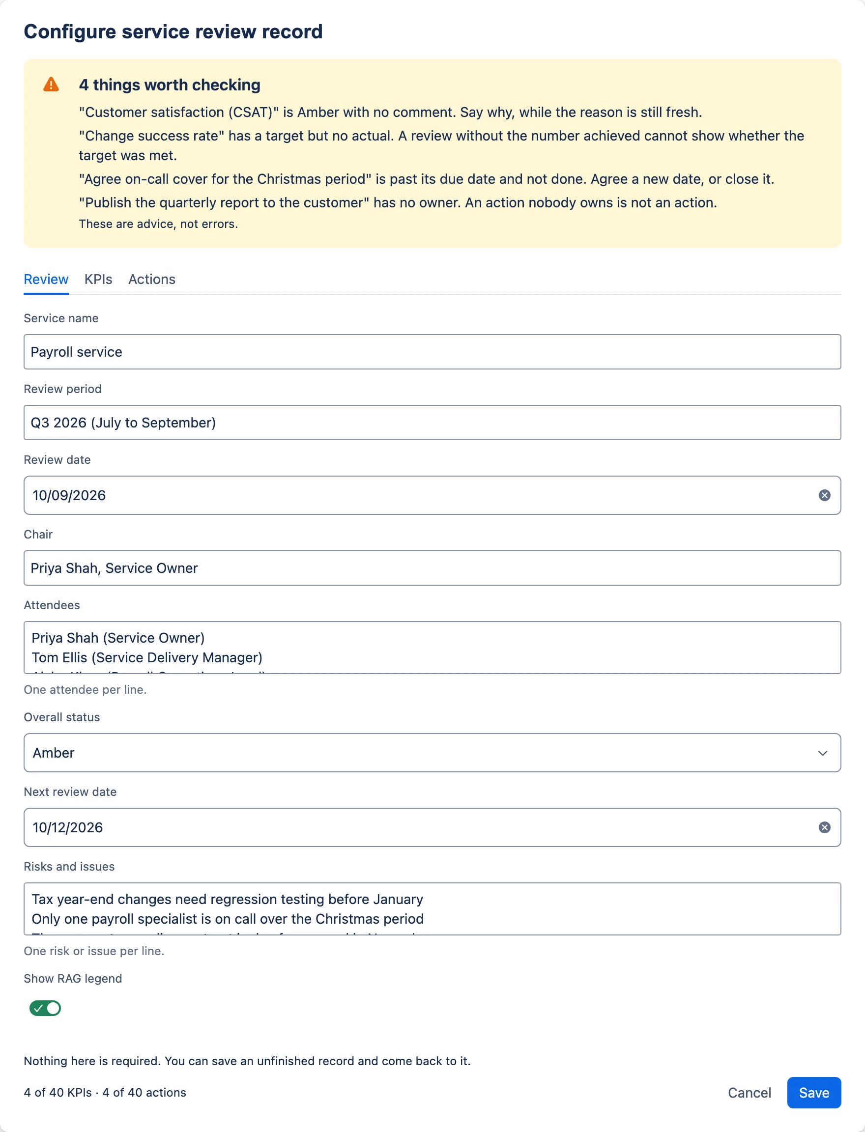 A filled-in Review tab with a warnings banner above the tabs.