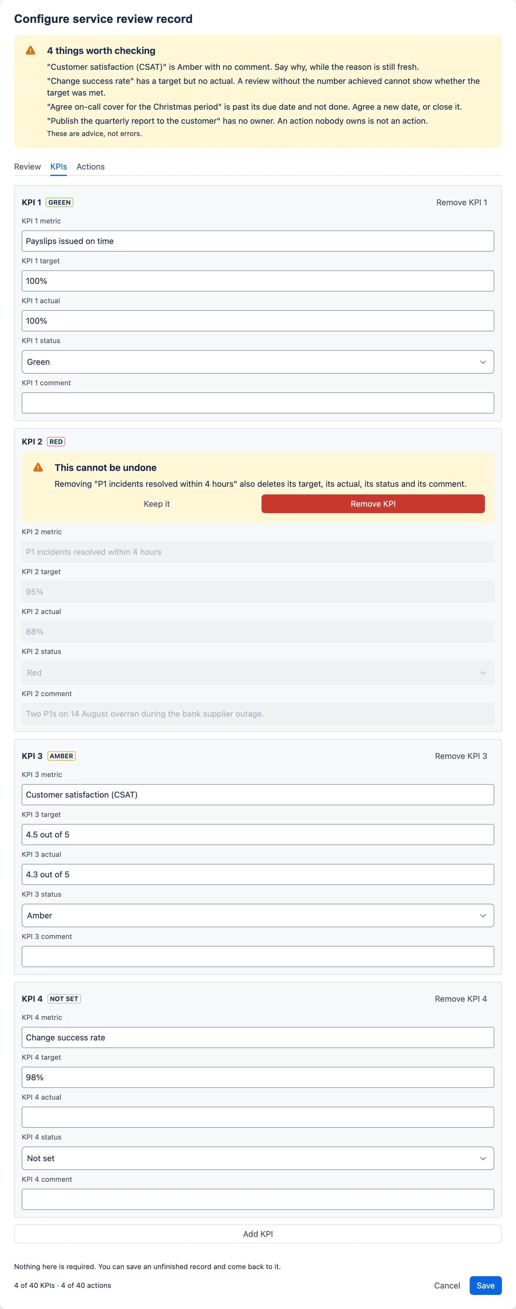 One KPI row with an inline confirmation naming everything the removal would delete.