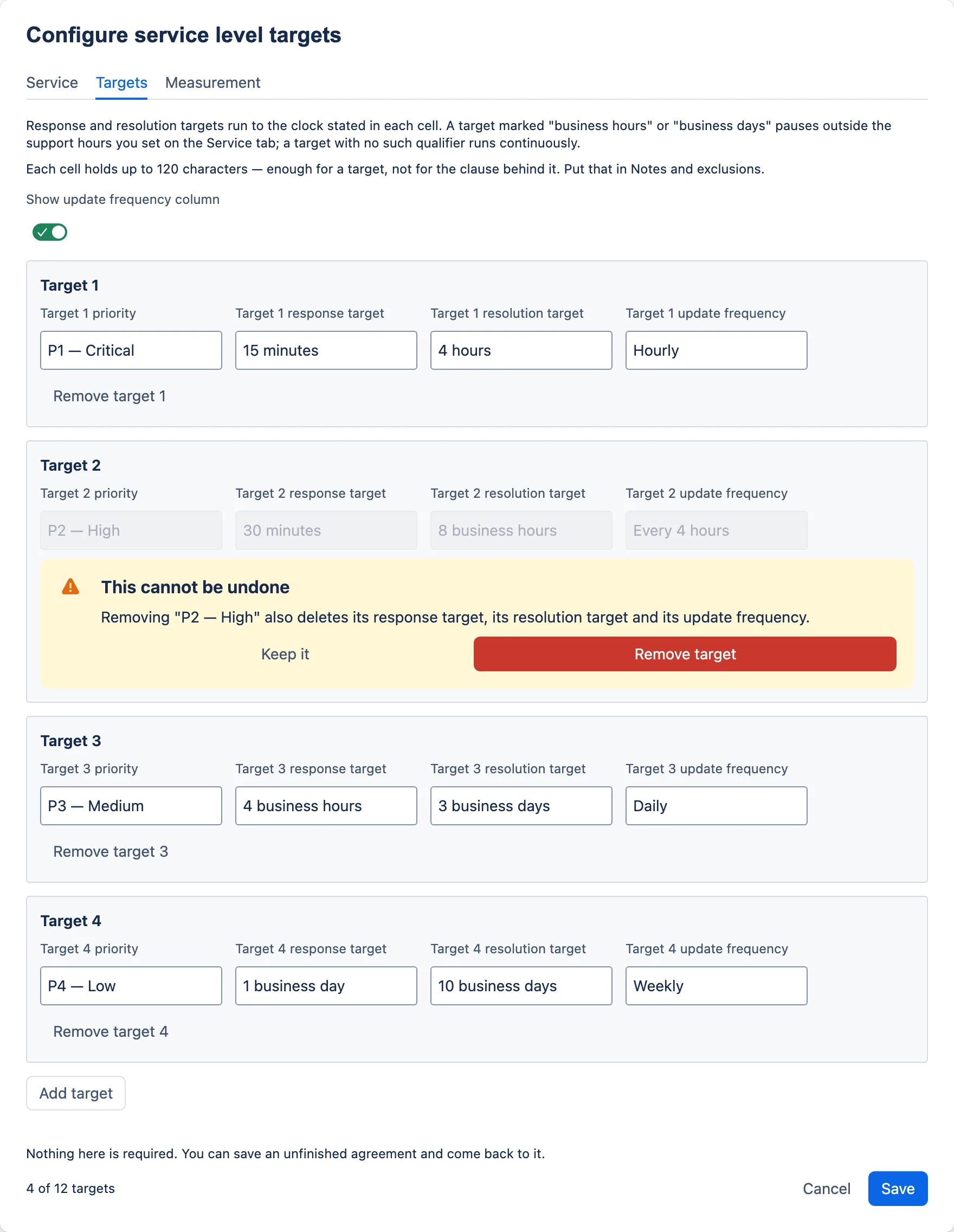 One target row with an inline confirmation naming everything the removal deletes.